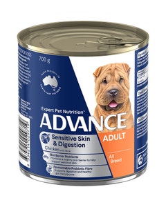 ADVANCE Adult Sensitive Skin & Digestion Wet Dog Food Chicken with Rice 12x700g Cans