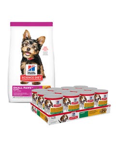 Science Diet Small Paws Puppy Food 1.5kg & Stewed Chicken & Vegetables Puppy Can 363gx12