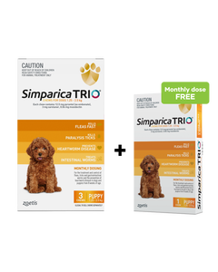 Simparica Trio 1.3-2.5kg Dog Flea Tick & Worm Chew 3PK + Free 1PK