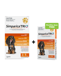 Simparica Trio 5.1-10kg Dog Flea Tick & Worm Chew 3PK + Free 1PK
