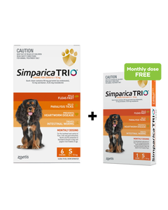 Simparica Trio 5.1-10kg Dog Flea Tick & Worm Chew 6PK + Free 1PK